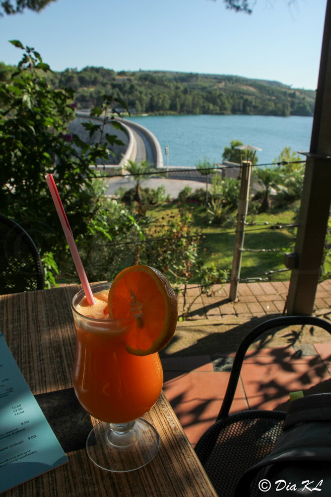Refreshment at the cafe at Marathon dam and lake. Attica Greece.