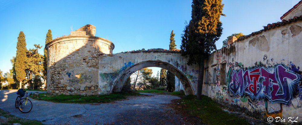Entrance and circular tower of abandoned Villa Levidi urbex (urban exploration. Athens Greece.